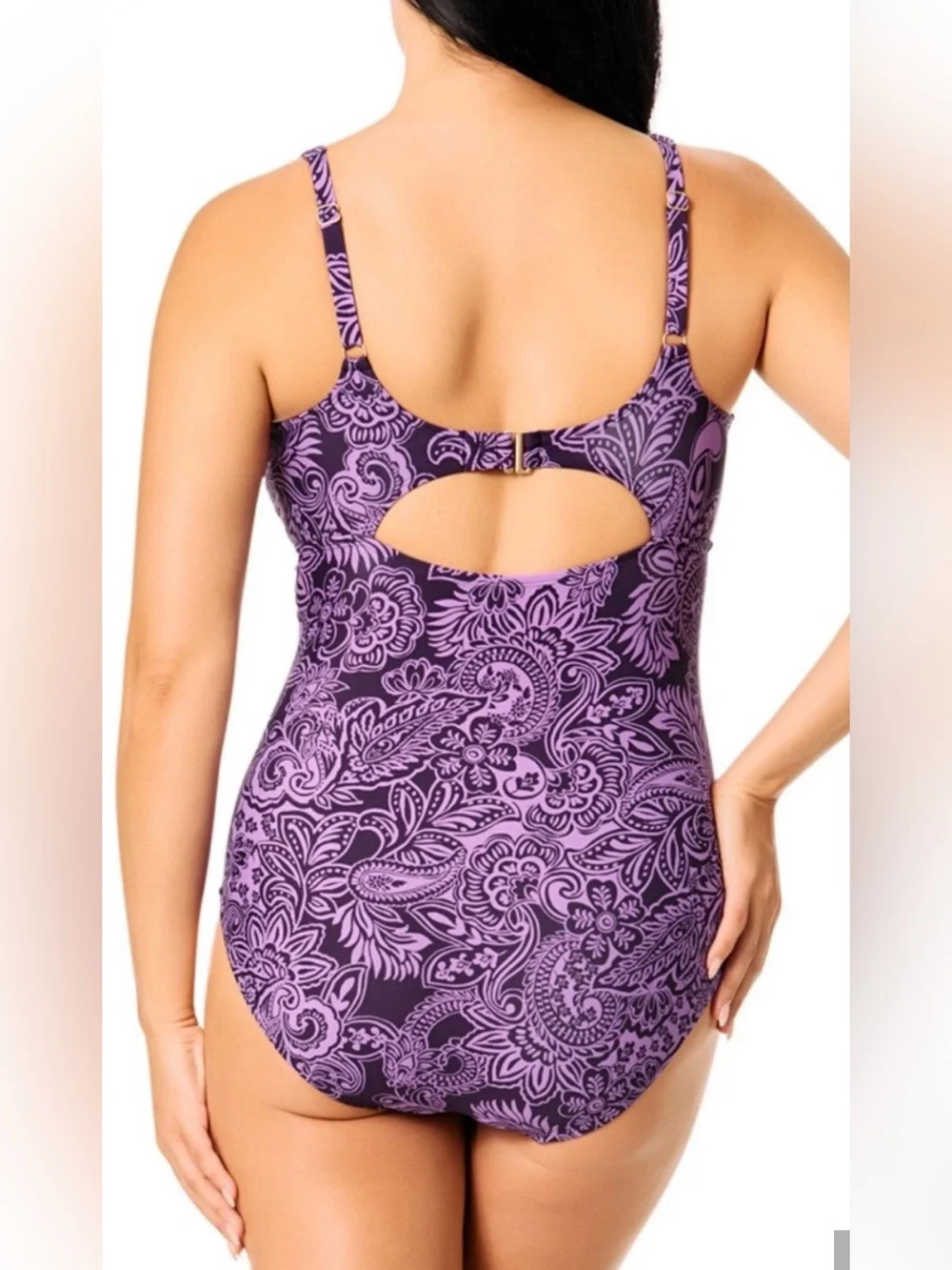 Lands’ End Purple Paisley One Piece Swimsuit Size M NWT UPF 50+ Adjustable